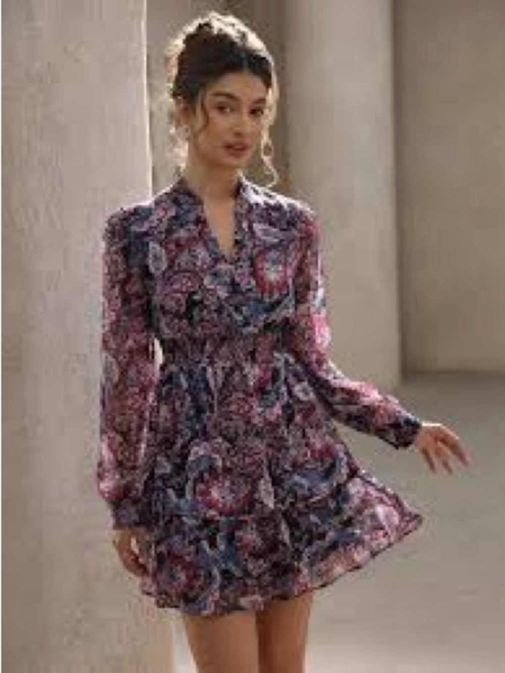 SHEIN Purple & Pink Paisley Long-Sleeve Mini Dress